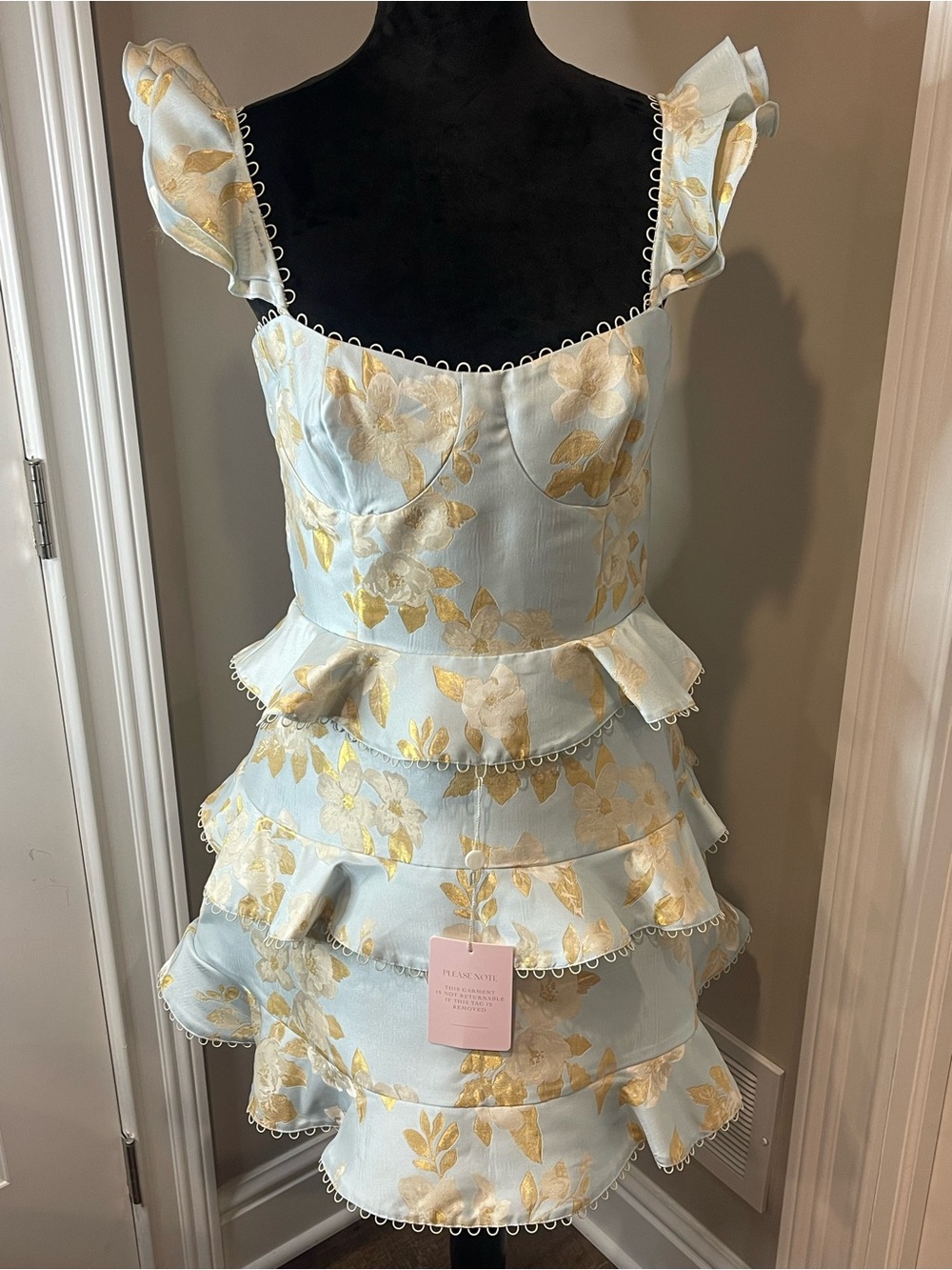V CHAPMAN- Blue and Gold Floral Ruffle Dress